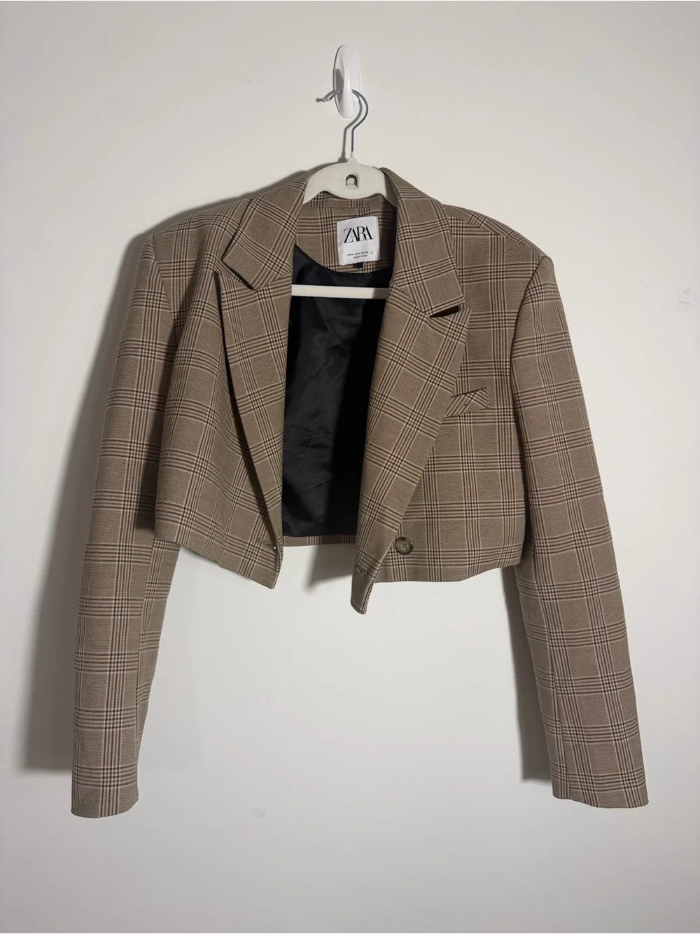 ZARA Cropped Plaid Blazer in Taupe‎ and Black Windowpane